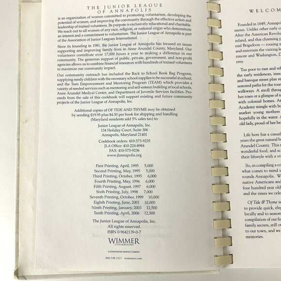 Of Tide & Thyme Cookbook Junior League Of Annapolis MD 2006 Spiral-Bound Recipes - Picture 4 of 12